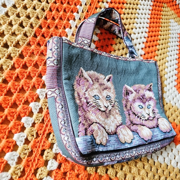 Vintage Cat Tapestry Small Handbag Mini Tote Bag 80s 90s Y2K - Picture 7 of 10